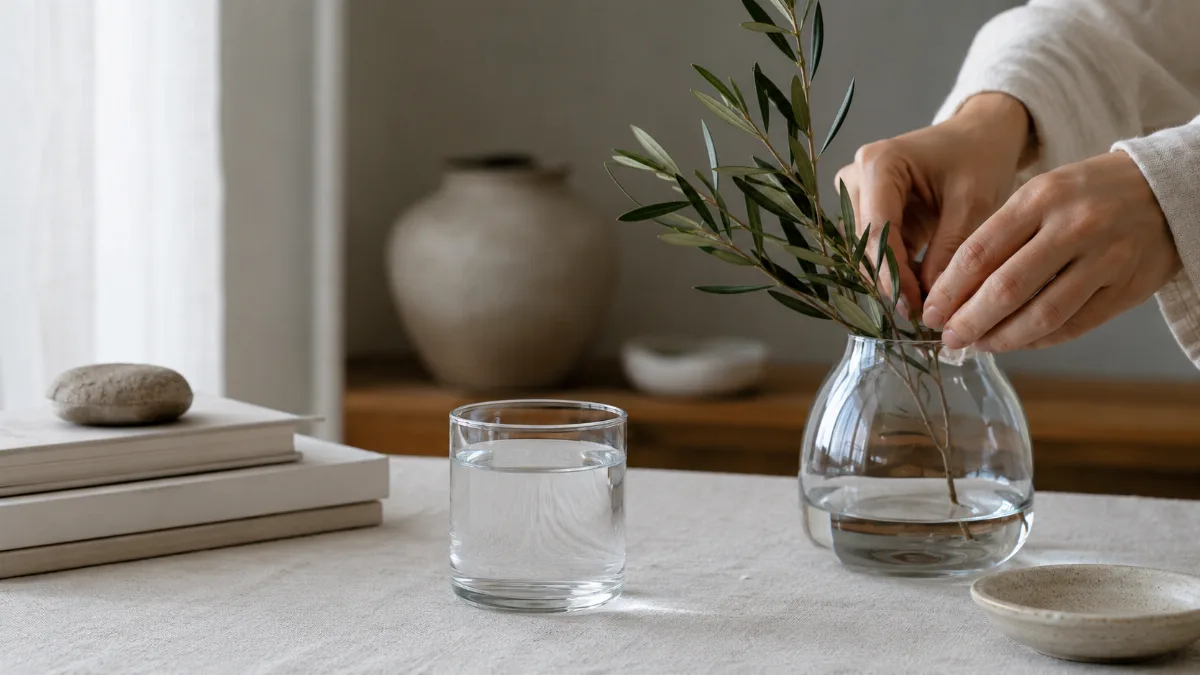 Serene styled vignette with neutral tones and soft daylight