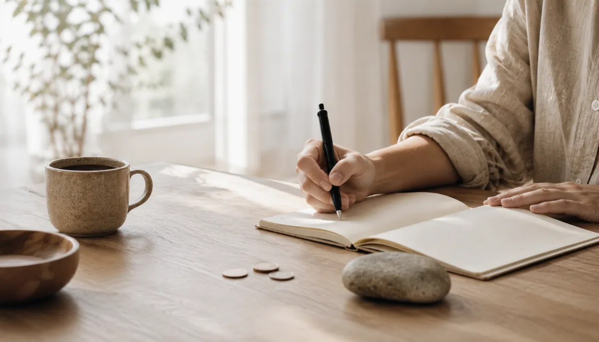 Kitchen table with a plain notebook, a few coins and a cup of coffee
