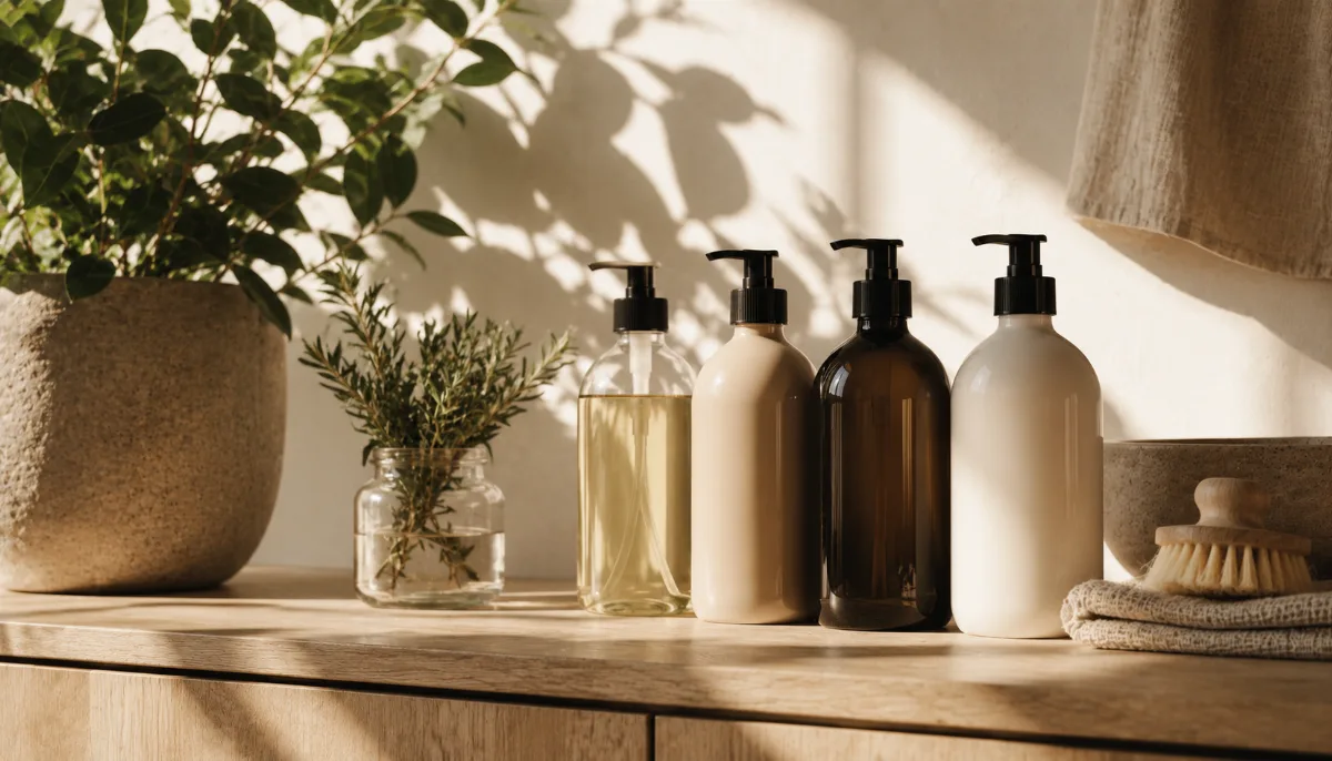Row of refillable containers beside a leafy green plant