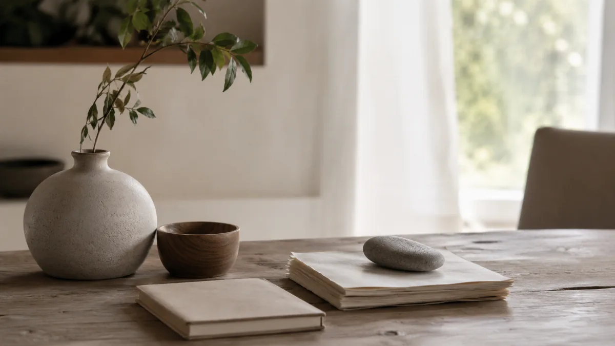 Serene styled vignette with neutral tones and soft daylight