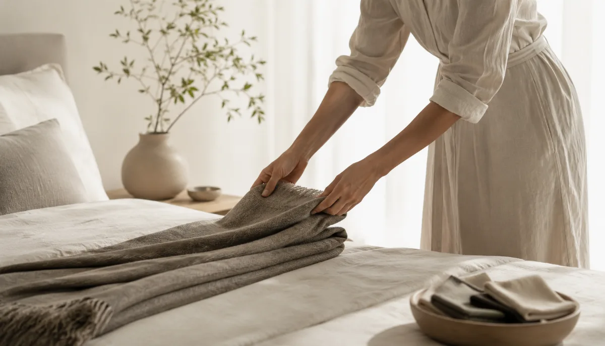 Serene bedroom corner with a soft throw folded at the foot of the bed