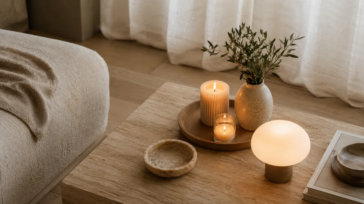 Candles and a low lamp creating a warm evening glow in a living room