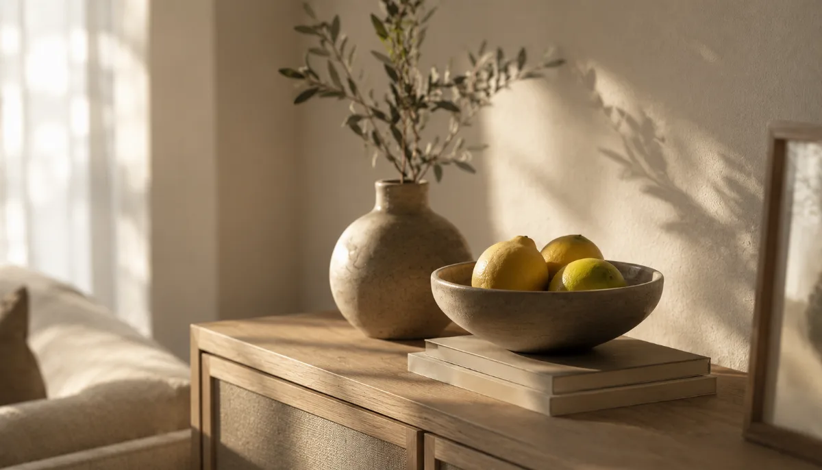 Serene styled vignette with neutral tones and soft daylight