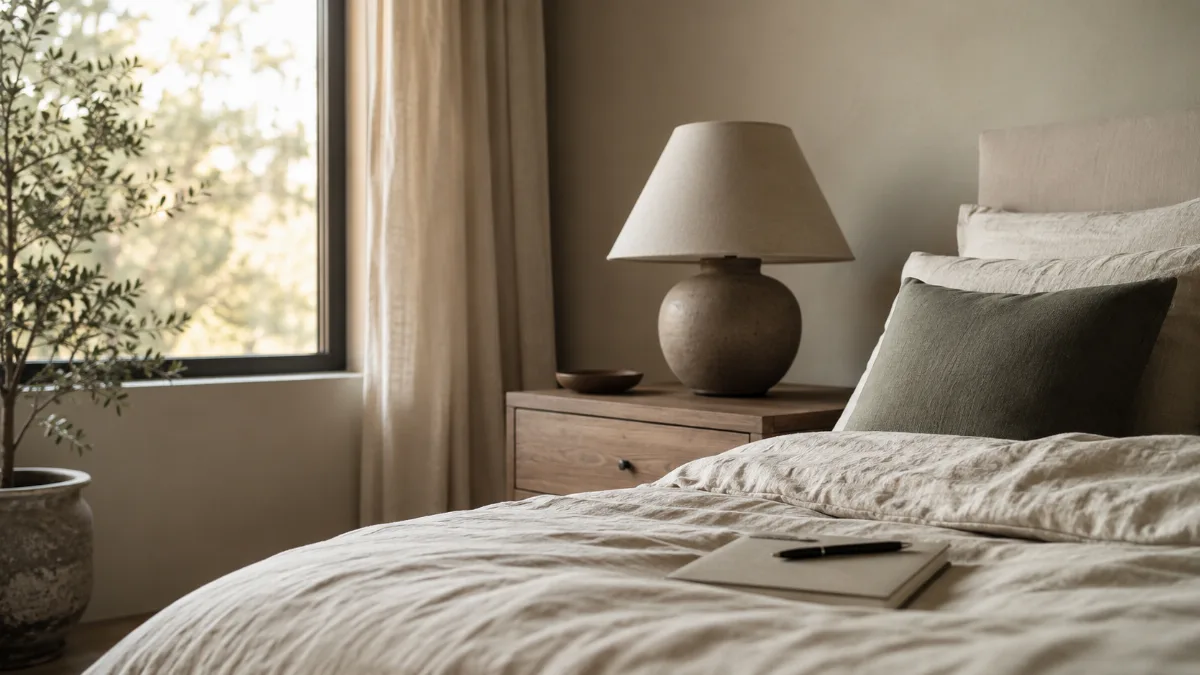 Calm minimalist bedroom with linen bedding and a single bedside lamp
