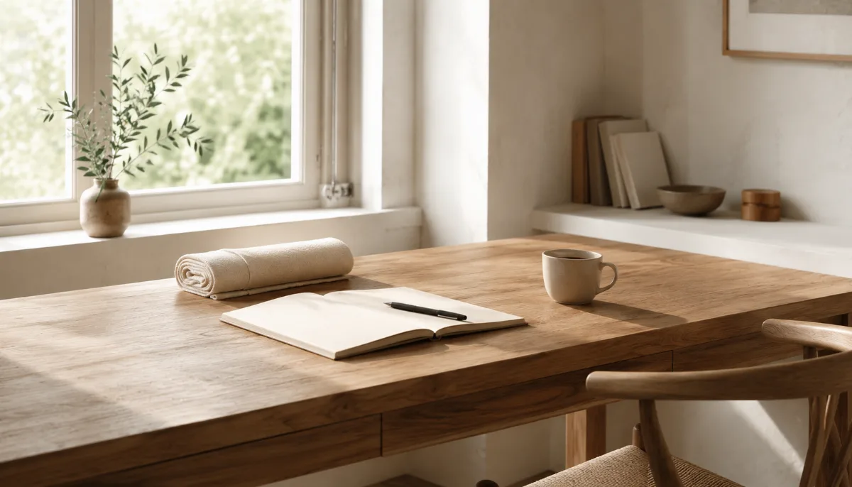 Clean wooden desk by a window with a notebook, pen and a cup of coffee