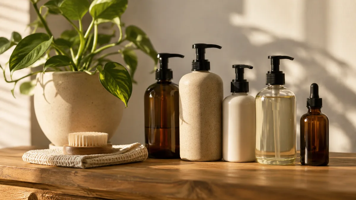 Row of refillable containers beside a leafy green plant