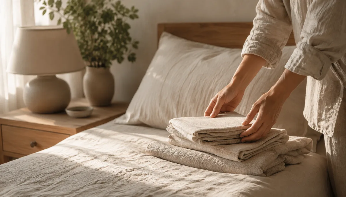 Calm minimalist bedroom with linen bedding and a single bedside lamp