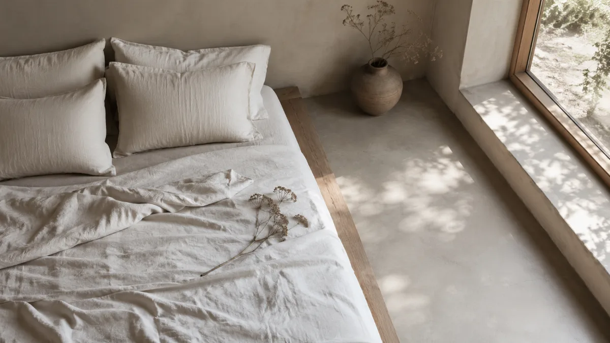 Low platform bed with crisp neutral sheets beside a bare window