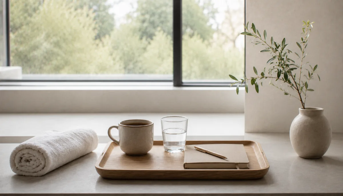 Simple morning tray with coffee, water and a small journal