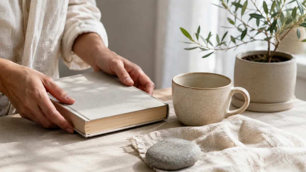 Calm styled corner with a plant, a book and a mug