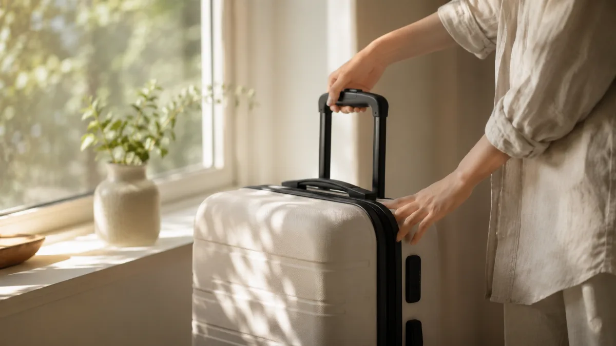 Single carry-on case beside a sunlit window before a trip