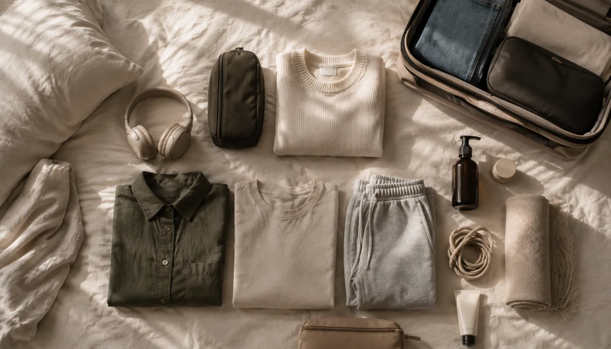 Minimalist packing layout of clothes and toiletries on a bed