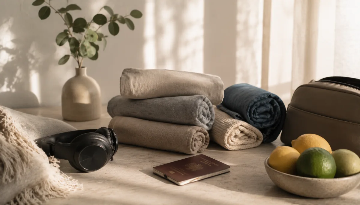 Rolled clothes and a passport arranged on a clean surface