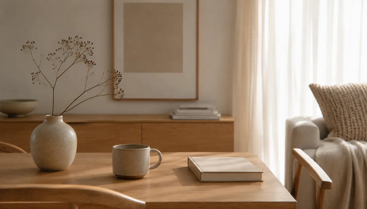 Calm minimalist interior with natural light and a few simple objects
