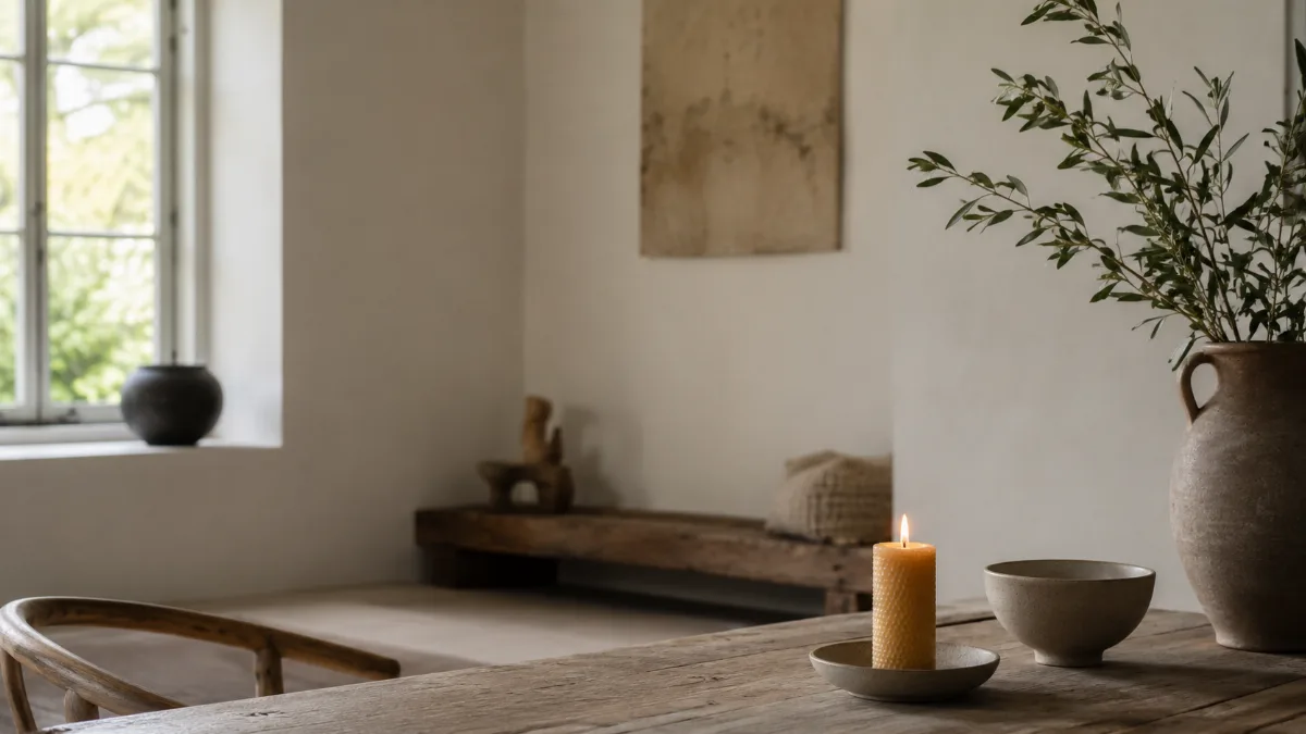 Calm minimalist interior with natural light and a few simple objects