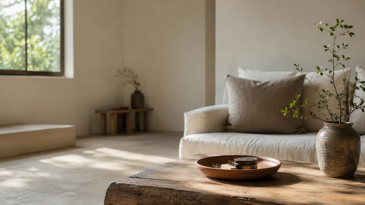 Calm, uncluttered living space with simple low furniture