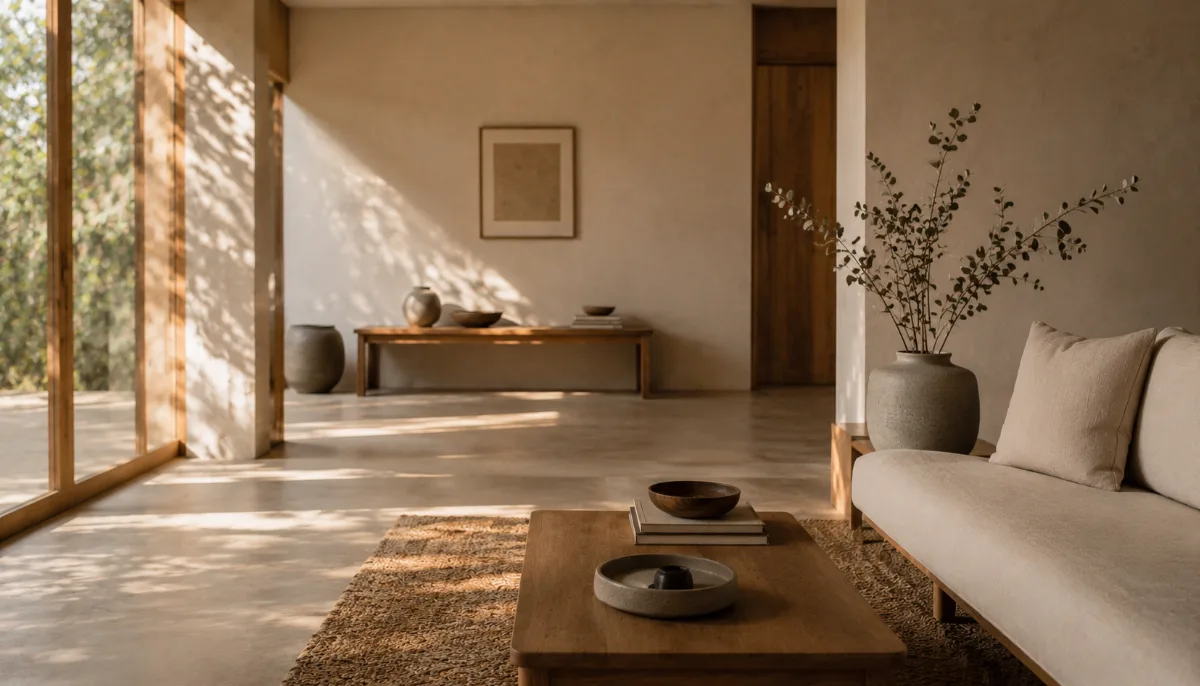 Calm minimalist interior with natural light and a few simple objects