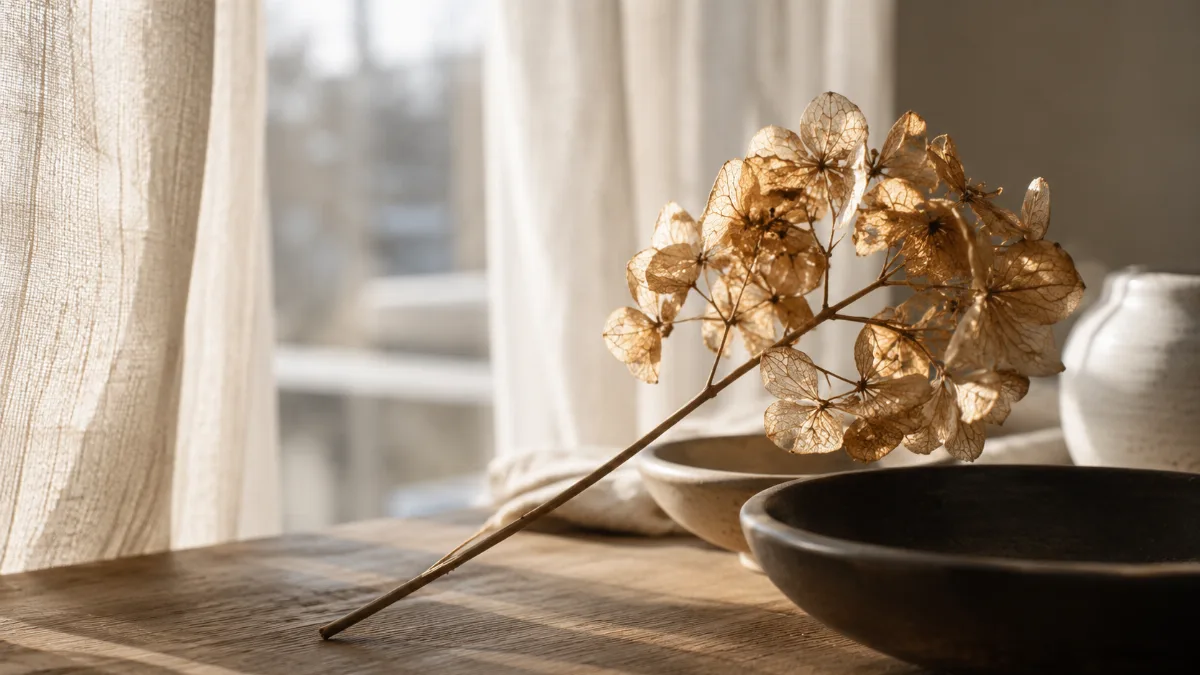Serene styled vignette with neutral tones and soft daylight