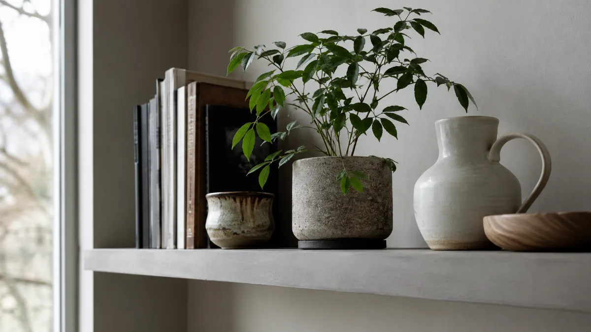 Tidy wall shelf holding books, a plant and a few ceramics