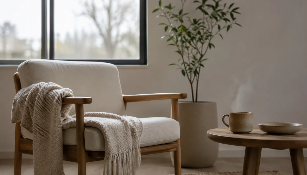 Minimalist seating corner with a single plant and a throw