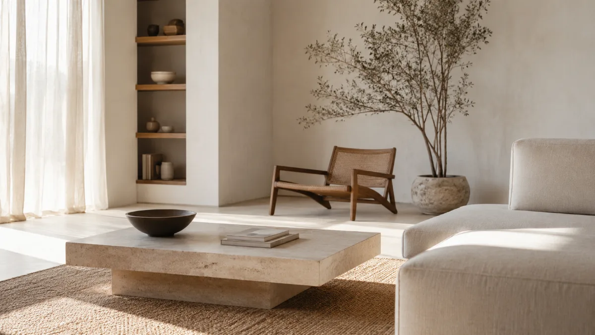 Calm, uncluttered living space with simple low furniture