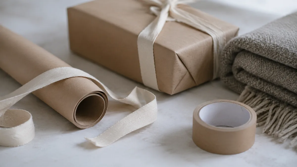 Minimal gift-wrapping setup with paper, scissors and twine