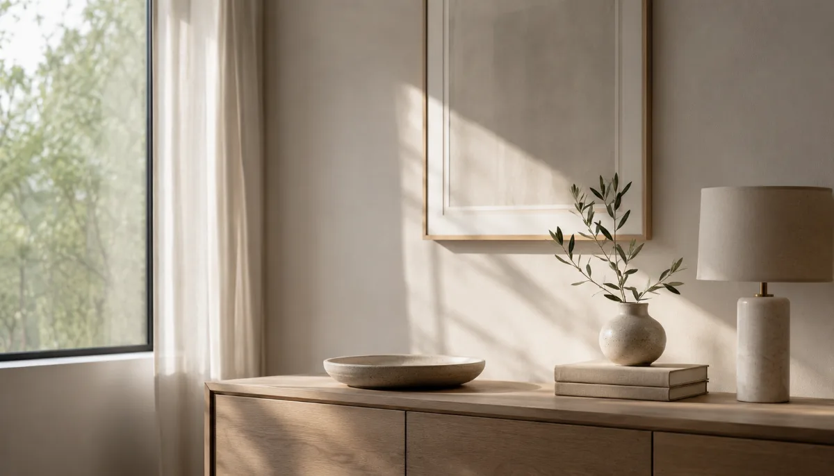 Calm minimalist interior with natural light and a few simple objects