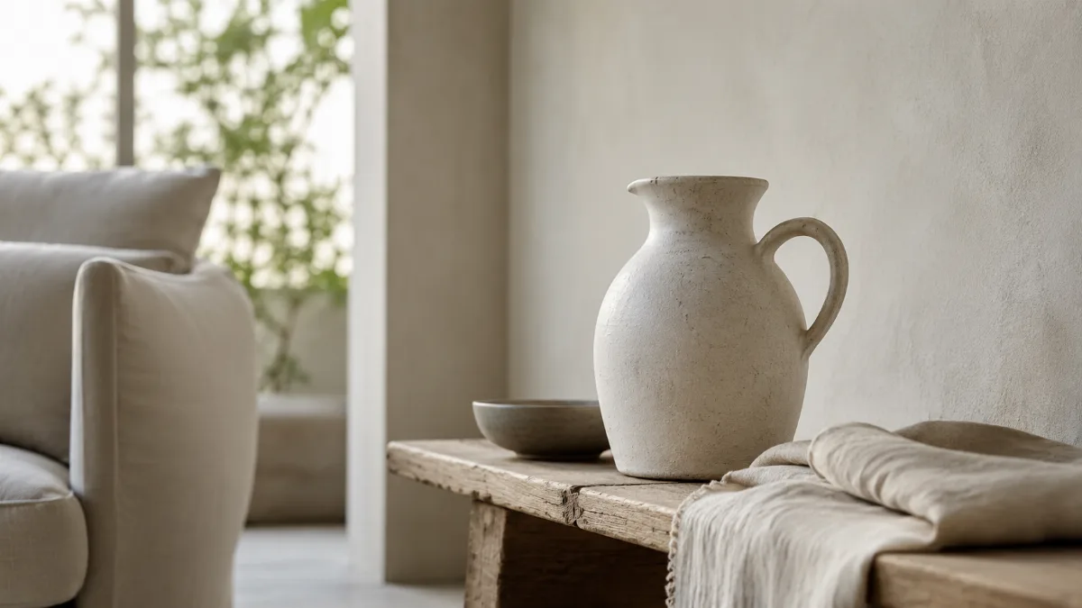 Serene styled vignette with neutral tones and soft daylight