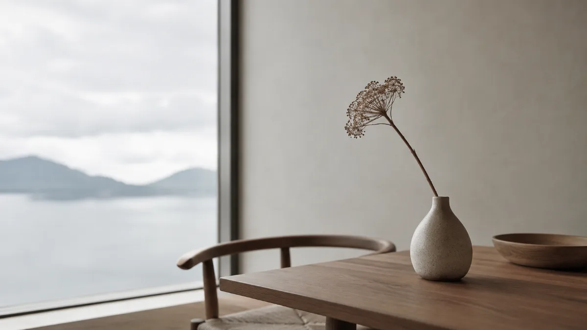 Calm minimalist interior with natural light and a few simple objects
