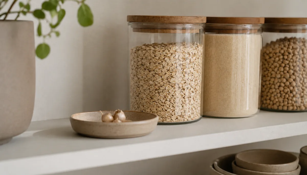 Minimalist pantry shelf with glass jars of staples
