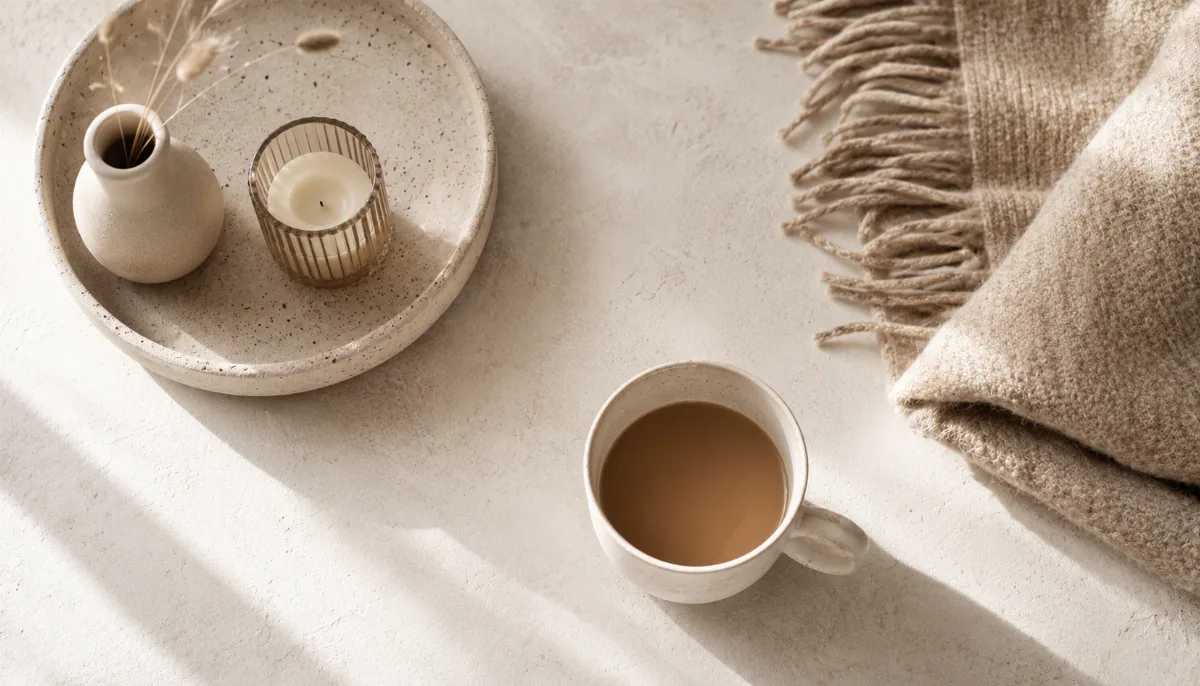 Serene styled vignette with neutral tones and soft daylight