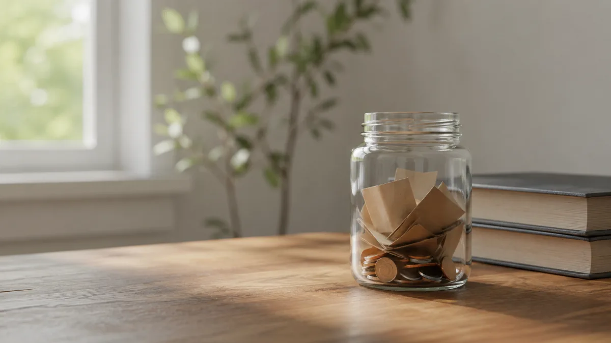 Glass jar holding folded notes and coins on a wooden surface