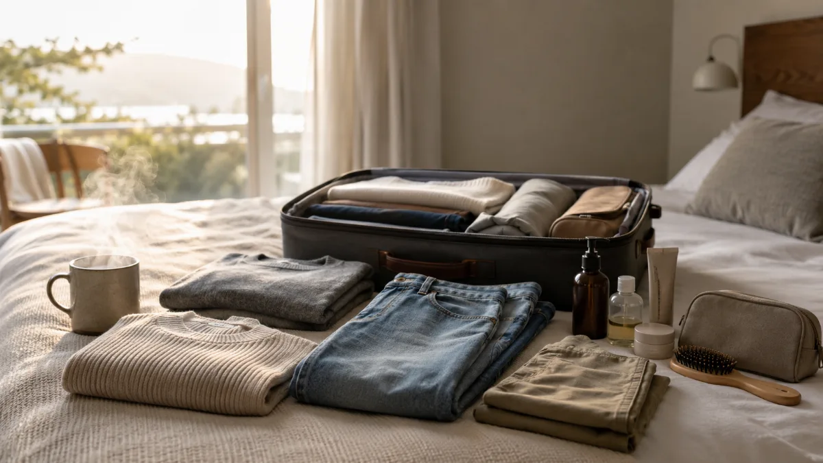 Minimalist packing layout of clothes and toiletries on a bed