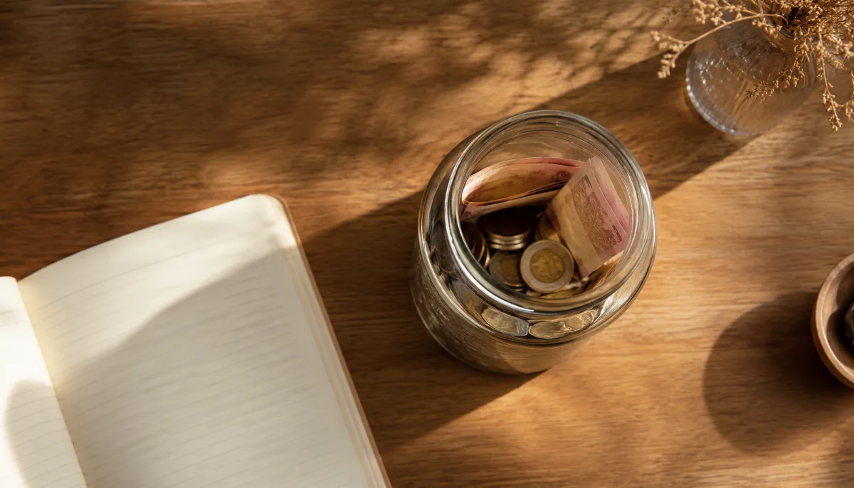 Glass jar holding folded notes and coins on a wooden surface