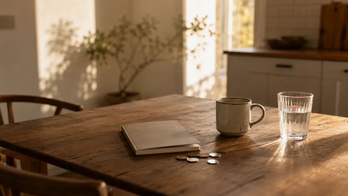 Kitchen table with a plain notebook, a few coins and a cup of coffee