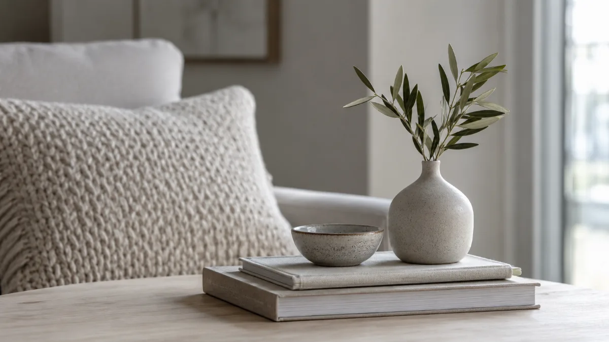 Calm minimalist interior with natural light and a few simple objects