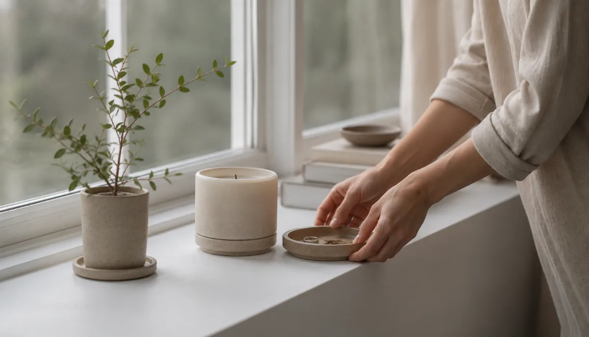 Serene windowsill with a candle and a small plant