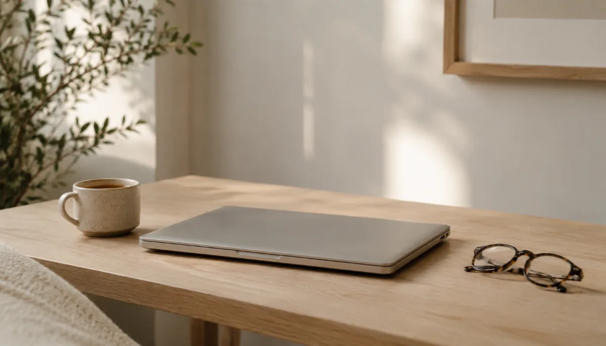 Clean desk with one closed laptop and a cup of coffee