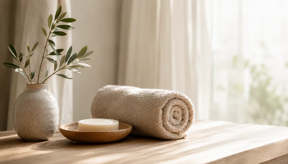 Serene styled vignette with neutral tones and soft daylight