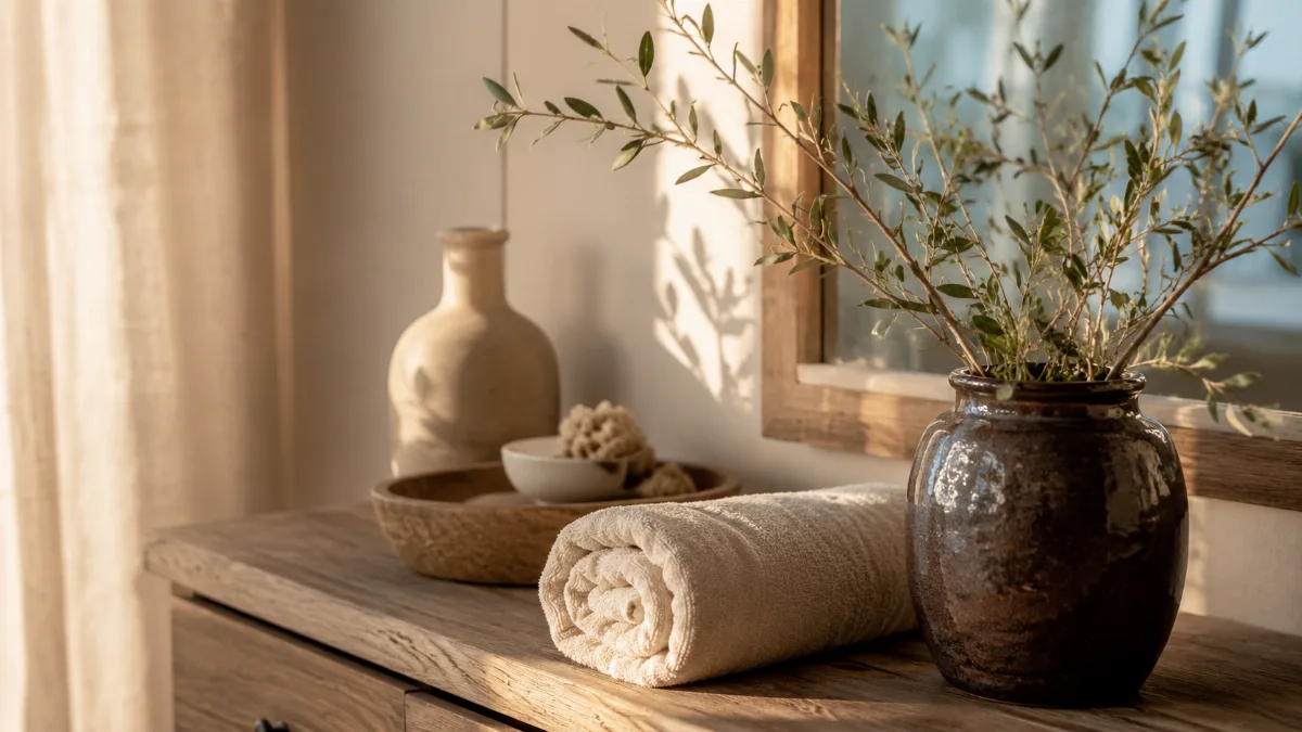 Serene styled vignette with neutral tones and soft daylight