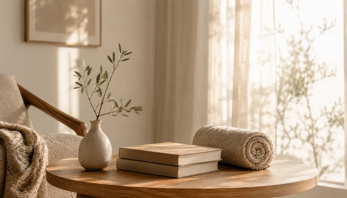 Serene styled vignette with neutral tones and soft daylight