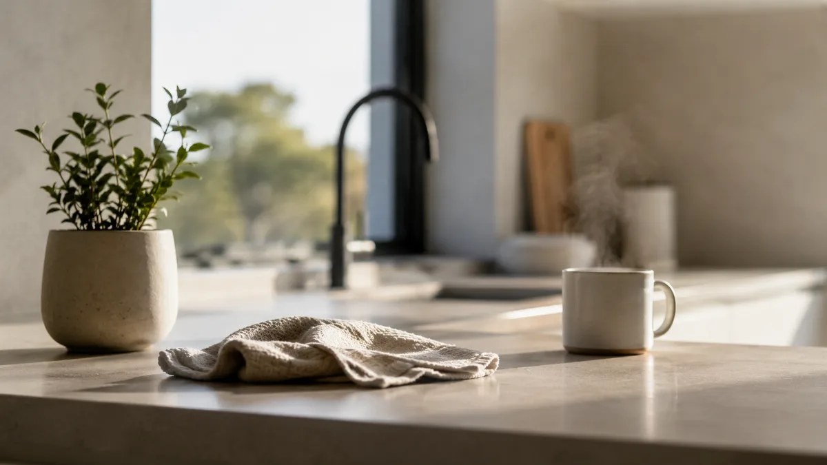 Freshly wiped kitchen counter with a cloth and a small plant