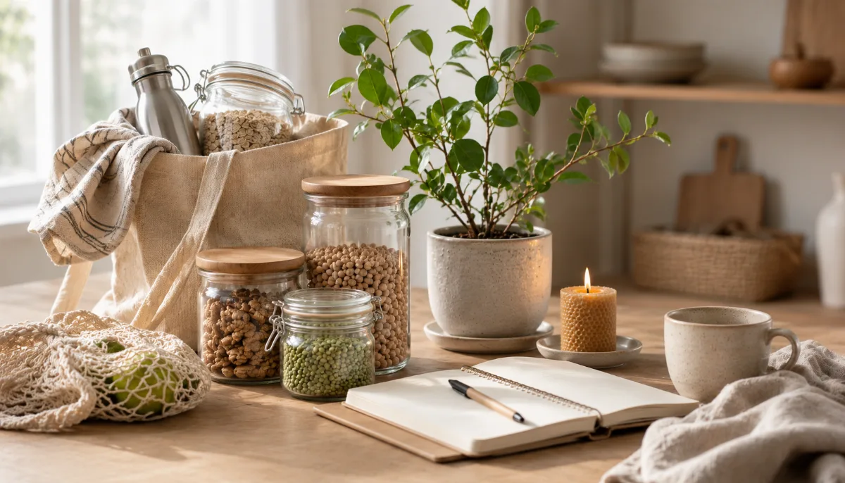 Reusable jars and a cloth bag with a small potted plant
