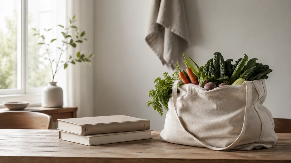 Cloth produce bag of vegetables in soft light