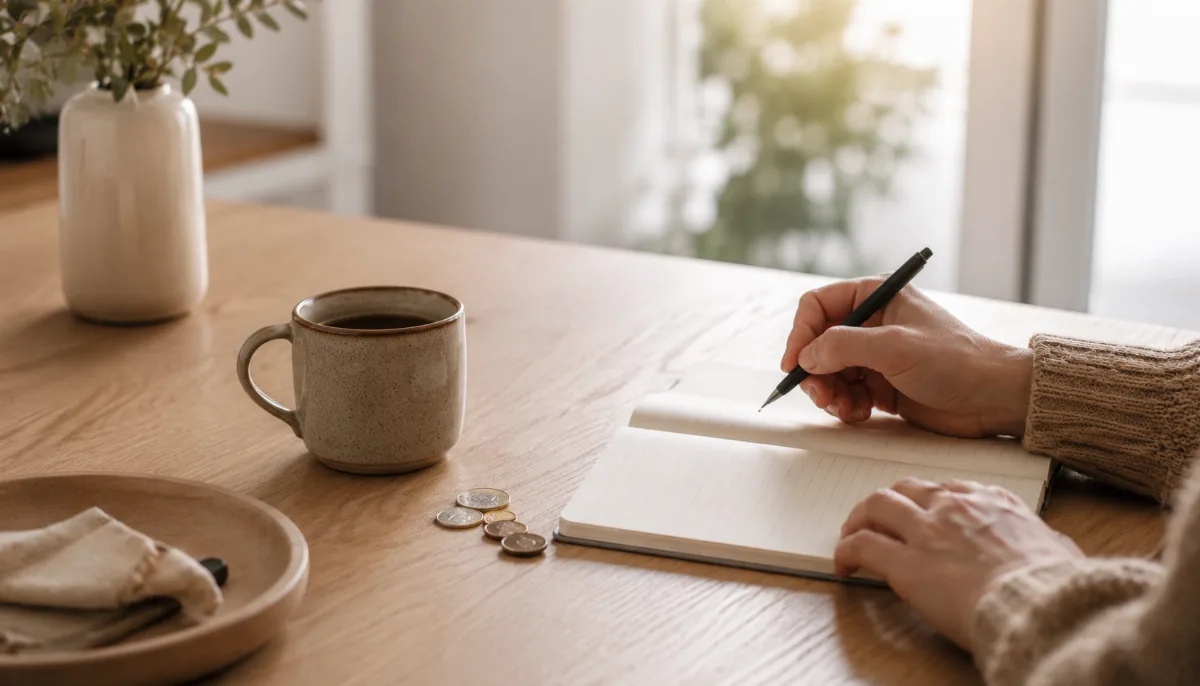 Kitchen table with a plain notebook, a few coins and a cup of coffee