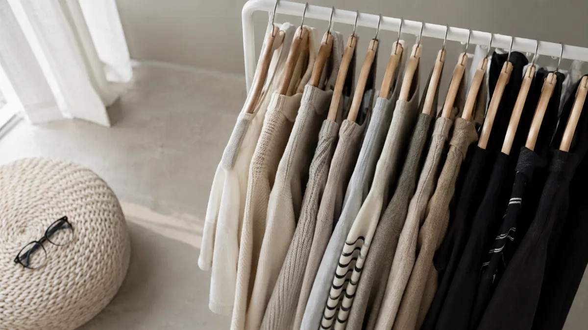 Clothing rail holding a tidy capsule of neutral garments