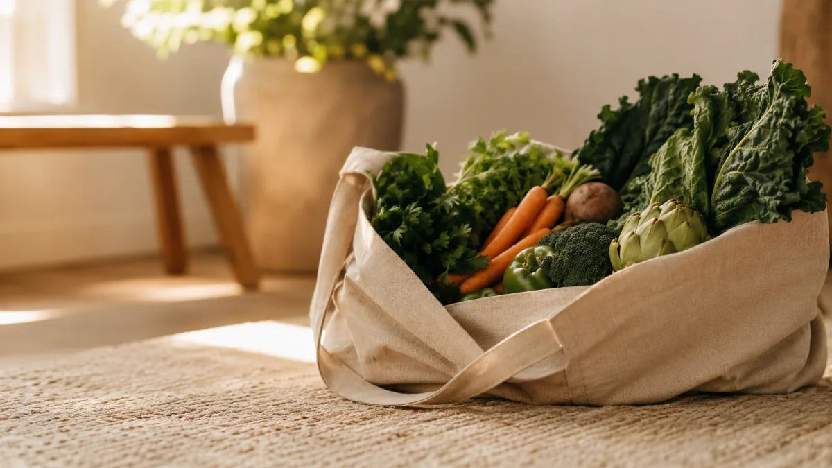Cloth produce bag of vegetables in soft light