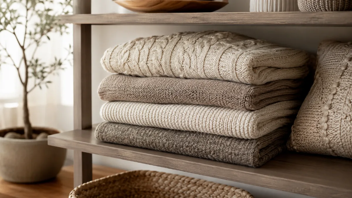 Folded sweaters stacked neatly on an open shelf