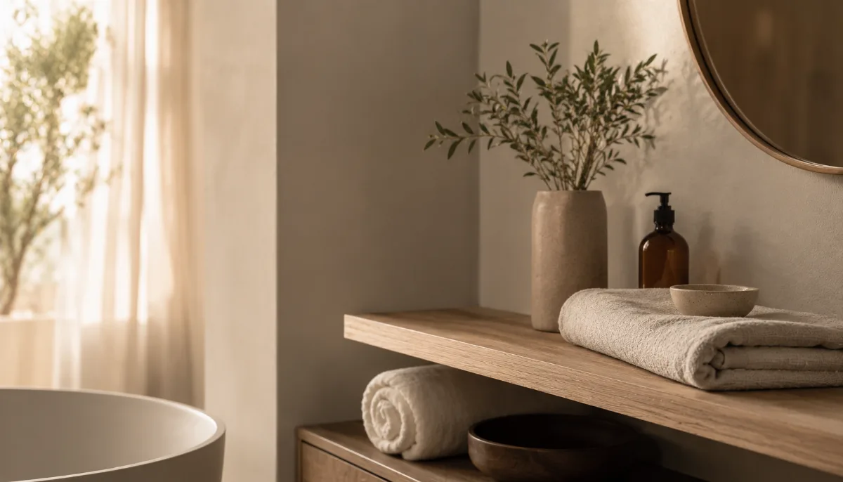 Minimalist bathroom shelf with a few essential items and a folded towel