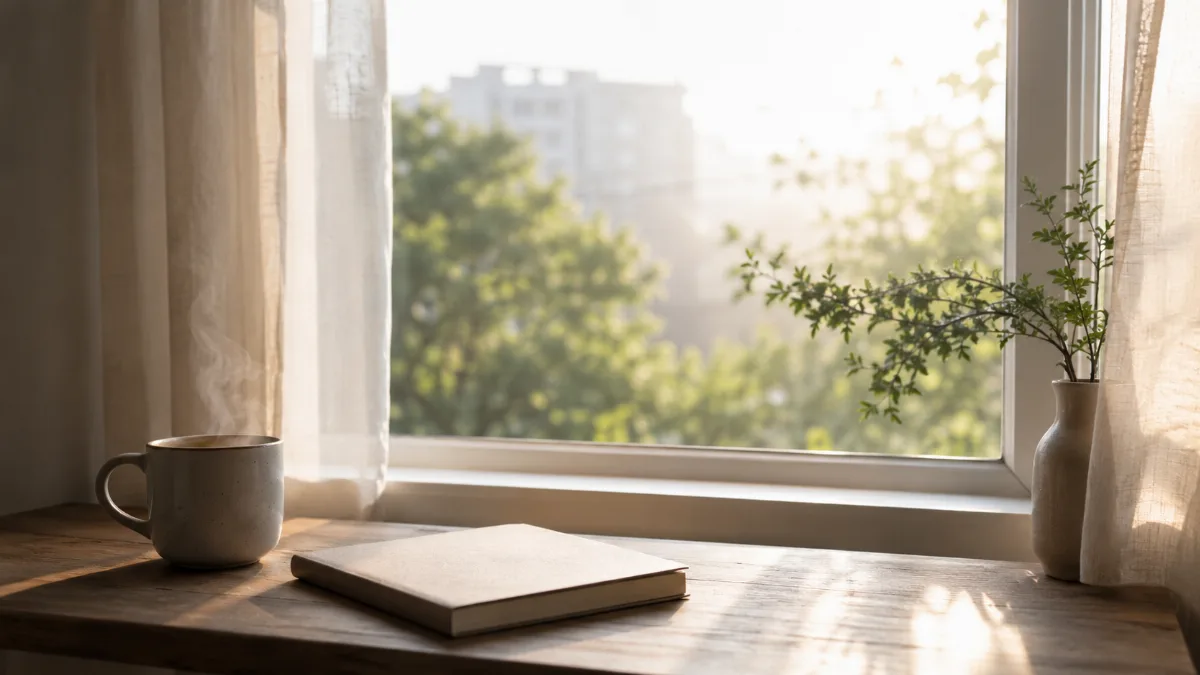 Bright morning scene with coffee and a notebook by a window
